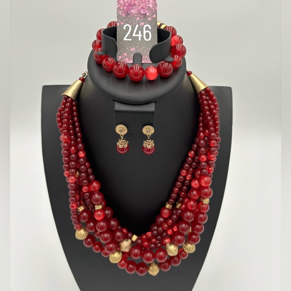 Chico's Jewelry - #246 New Chicos Ruby and Stone 3 piece set in gold tone setting. Beautiful Reds